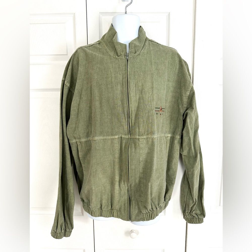 Vintage 90’s Cancun Mexico Green Embroidered Crinkle Oversized Zip Bomber Jacket